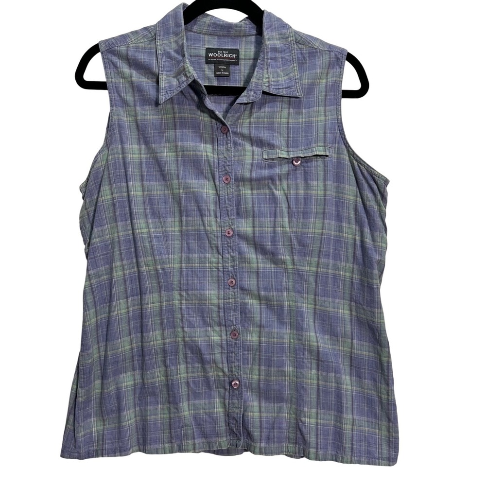 Woolrich Womens Button Up Sleeveless Plaid Shirt Top Casual Blue Green Large